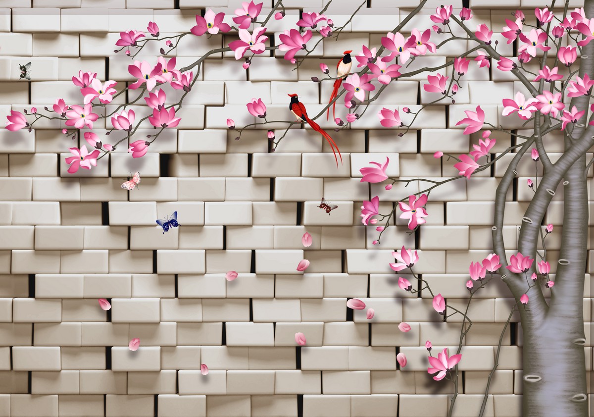 Фреска Райская птичка в цветущем саду